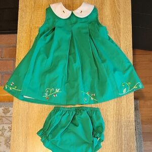 The Proper Peony Green Dress and Bloomers with Bee/Floral Embroidery